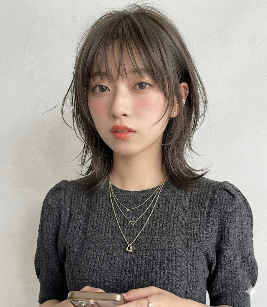 暗髪グレージュの透け感ウルフカット×顔周りレイヤー