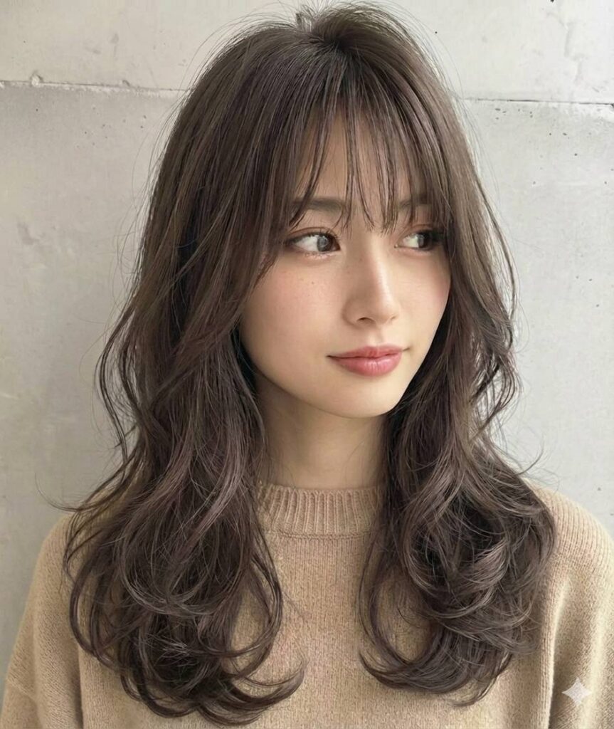 小顔セミディ・顔周りレイヤー×透明感グレージュ・くびれミディ